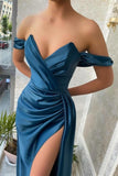 Simple Long Blue Off-the-shoulder Prom Dress With Slit-misshow.com