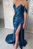 Simple Long Blue Off-the-shoulder Prom Dress With Slit-misshow.com
