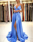 Simple Long Blue V-neck Spaghetti Straps Satin Evening Dresses With Slit-misshow.com