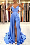 Simple Long Blue V-neck Spaghetti Straps Satin Evening Dresses With Slit-misshow.com