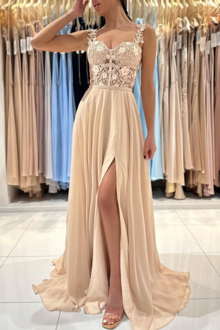 Simple Long Champagne A-line Lace Sleeveless Evening Dresses With Slit-misshow.com