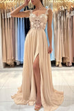 Simple Long Champagne A-line Lace Sleeveless Evening Dresses With Slit-misshow.com