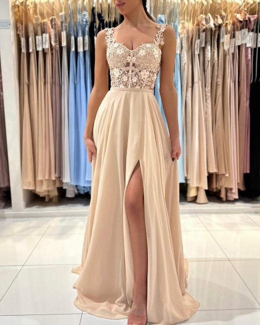 Simple Long Champagne A-line Lace Sleeveless Evening Dresses With Slit-misshow.com
