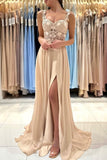 Simple Long Champagne A-line Lace Sleeveless Evening Dresses With Slit-misshow.com