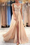 Simple Long Champagne A-line Lace Sleeveless Evening Dresses With Slit