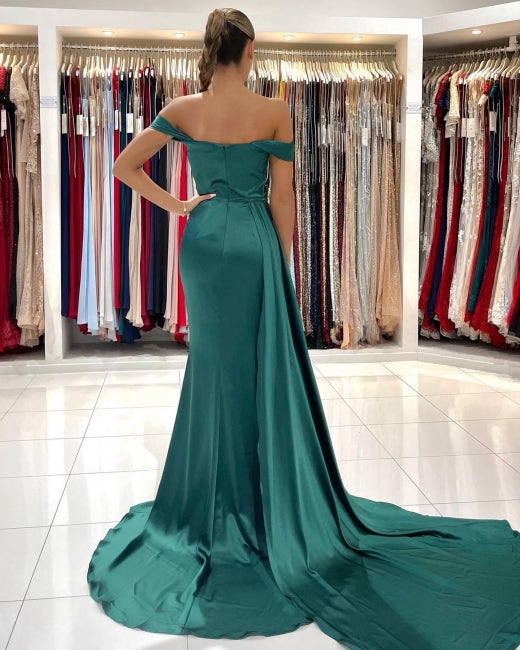 Simple Long Dark Green Off-the-shoulder Slit Mermaid Prom Evening Dresses-misshow.com