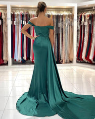Simple Long Dark Green Off-the-shoulder Slit Mermaid Prom Evening Dresses-misshow.com