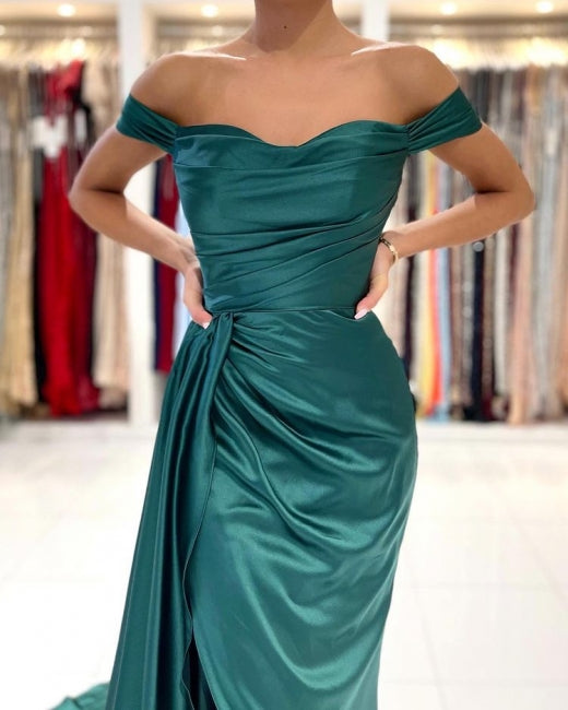 Simple Long Dark Green Off-the-shoulder Slit Mermaid Prom Evening Dresses-misshow.com