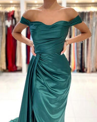 Simple Long Dark Green Off-the-shoulder Slit Mermaid Prom Evening Dresses-misshow.com