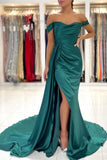 Simple Long Dark Green Off-the-shoulder Slit Mermaid Prom Dresses