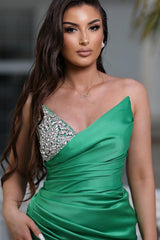 Simple Long Green Strapless V-neck Satin Sleeveless Prom Evening Dresses with Slit