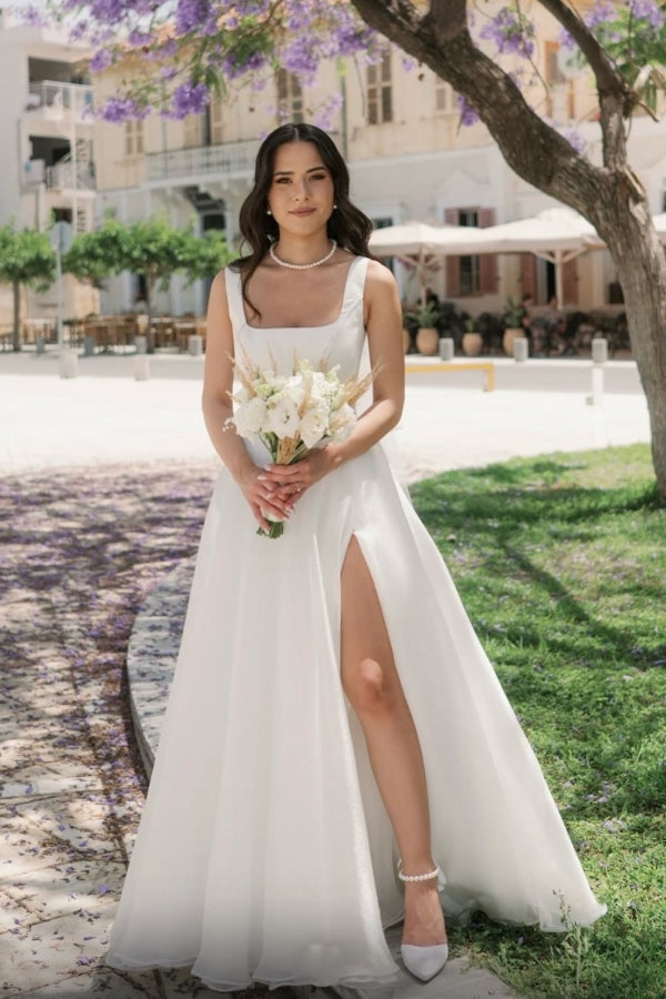 Simple Long Ivory A-Line Straps Tulle Sleeveless Wedding Dress with Slit