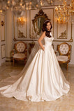 Simple Long Ivory A-line V-neck Satin Sleeveless Wedding Dresses With Train-misshow.com