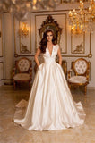 Simple Long Ivory A-line V-neck Satin Sleeveless Wedding Dresses With Train-misshow.com