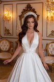 Simple Long Ivory A-line V-neck Sleeveless Satin Wedding Dresses-misshow.com
