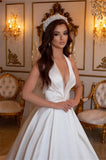 Simple Long Ivory A-line V-neck Sleeveless Satin Wedding Dresses-misshow.com
