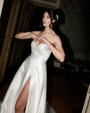 Simple Long Ivory V-neck A-line Sleeveless Wedding Dress With Slit-misshow.com