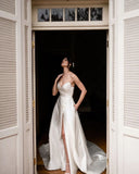 Simple Long Ivory V-neck A-line Sleeveless Wedding Dress With Slit-misshow.com