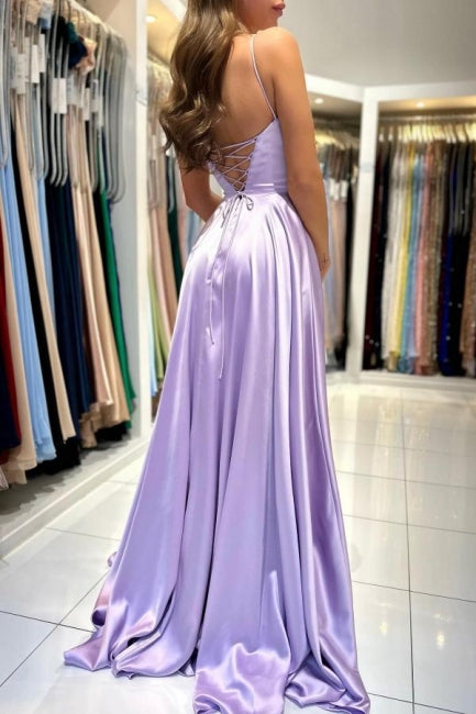 Simple Long Lilac A-line Sleeveless Prom Dresses-misshow.com