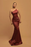 Simple Long Mermaid One Shoulder Satin Evening Dresses-misshow.com