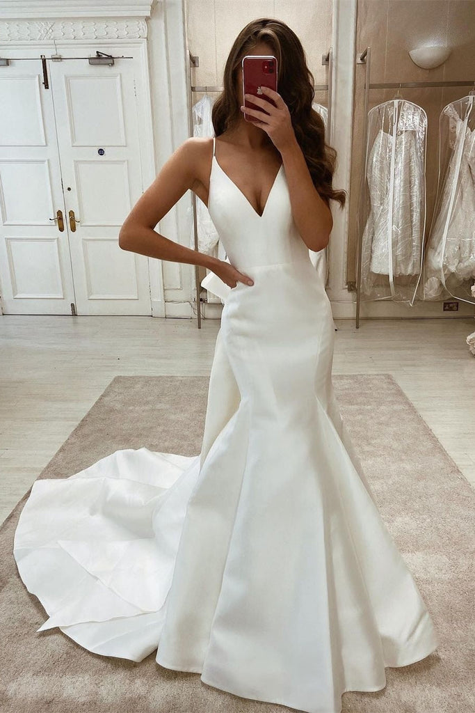Simple Long Mermaid Satin V-neck Spaghetti Straps Wedding Dress