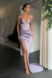 Simple Long Mermaid V-neck Sleeveless Prom Dress With Slit-misshow.com
