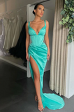 Simple Long Mermaid V-neck Sleeveless Prom Dress With Slit-misshow.com