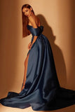 Simple Long Navy Blue A-line Off-the-shoulder Prom Dresses With Slit-misshow.com