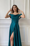 Simple Long Off-the-shoulder A-line Evening Dresses Prom Dresses With Slit-misshow.com