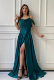 Simple Long Off-the-shoulder A-line Evening Dresses Prom Dresses With Slit