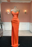 Simple Long Orange Mermaid Strapless Satin Prom Dress With Slit