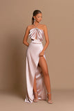Simple Long Pink Halter Satin Sleeveless Prom Dress With Slit-misshow.com