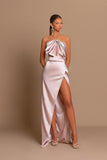 Simple Long Pink Halter Satin Sleeveless Prom Dress With Slit-misshow.com
