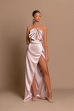 Simple Long Pink Halter Satin Sleeveless Prom Dress With Slit