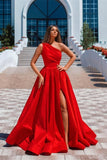 Simple Long Red A-line One Shoulder Satin Sleeveless Evening Dresses With Slit-misshow.com