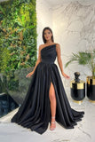 Simple Long Red A-line One Shoulder Sleeveless Satin Prom Dresses With Slit-misshow.com