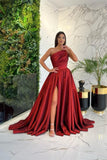 Simple Long Red A-line One Shoulder Sleeveless Satin Prom Dresses With Slit-misshow.com