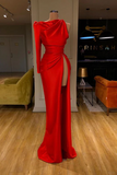 Simple Long Red Mermaid Satin Split Prom Dress With Long Sleeve