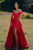 Simple Long Red Off-the-shoulder Split Mermaid Prom Dresses-misshow.com