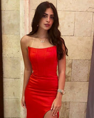 Simple Long Red Sexy Sleeveless Slit Mermaid Prom Dresses-misshow.com