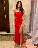Simple Long Red Sexy Sleeveless Slit Mermaid Prom Dresses-misshow.com