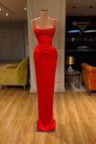 Simple Long Red Spaghetti Straps Mermaid Sleeveless Prom Dress-misshow.com