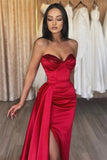 Simple Long Red Sweetheart Sequined Prom Dress With Slit-misshow.com