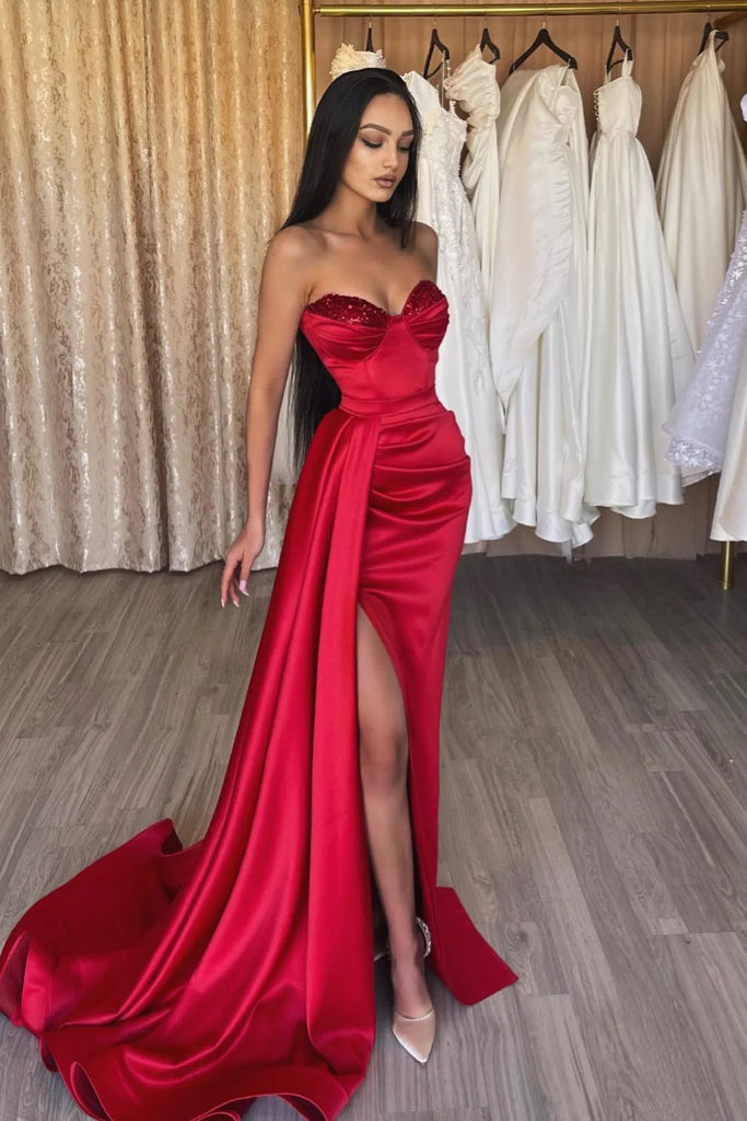 Simple Long Red Sweetheart Sequined Prom Dress with Slit