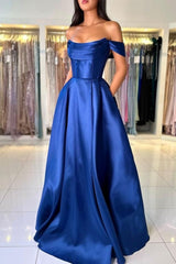 Simple Long Royal Blue Off-the-shoulder A-line Sleeveless Satin Prom Evening Dresses