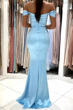 Simple Long Sky Blue Off-the-shoulder Mermaid Sleeveless Evening Dresses With Slit-misshow.com