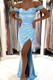 Simple Long Sky Blue Off-the-shoulder Mermaid Sleeveless Evening Dresses With Slit