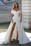 Simple Long White Off-the-shoulder Split Front Wedding Dress With Detachable Train