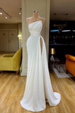 Simple Long White Sleeveless Satin Wedding Dress With Ruffles
