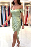 Simple Off-the-shoulder Evening Dresses Short Sage Prom Dresses With Slit-misshow.com